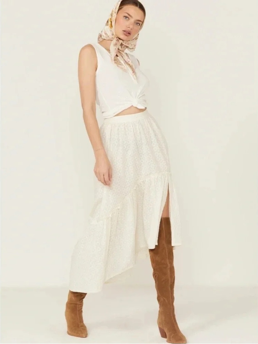 Shyanne Boho Western Boho Skirt Ivory Cream Ruffle Embroidered Hi Low Large